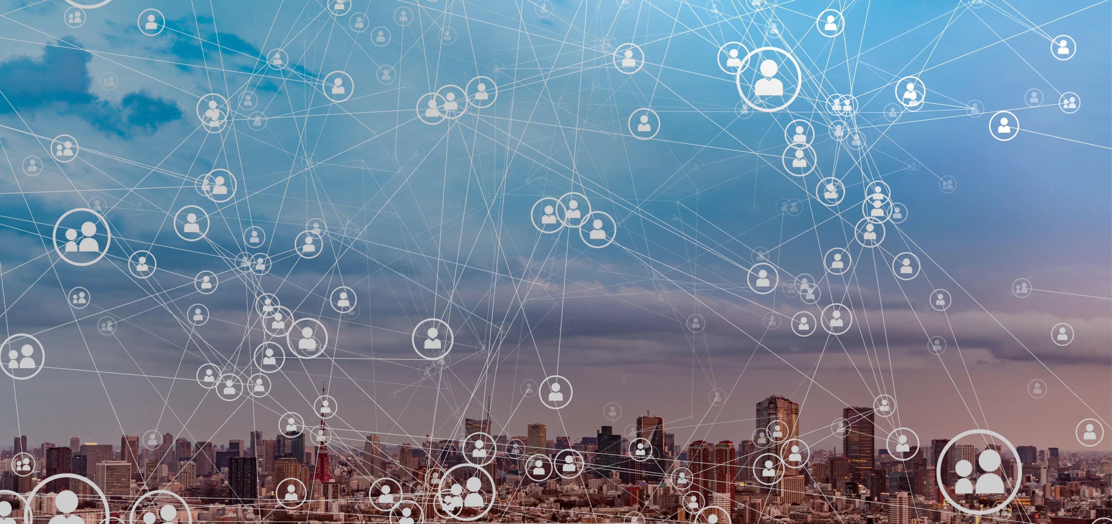 City skyline overlaid with a digital network of user icons, symbolizing a connected global talent pool and technology-powered recruiting solutions