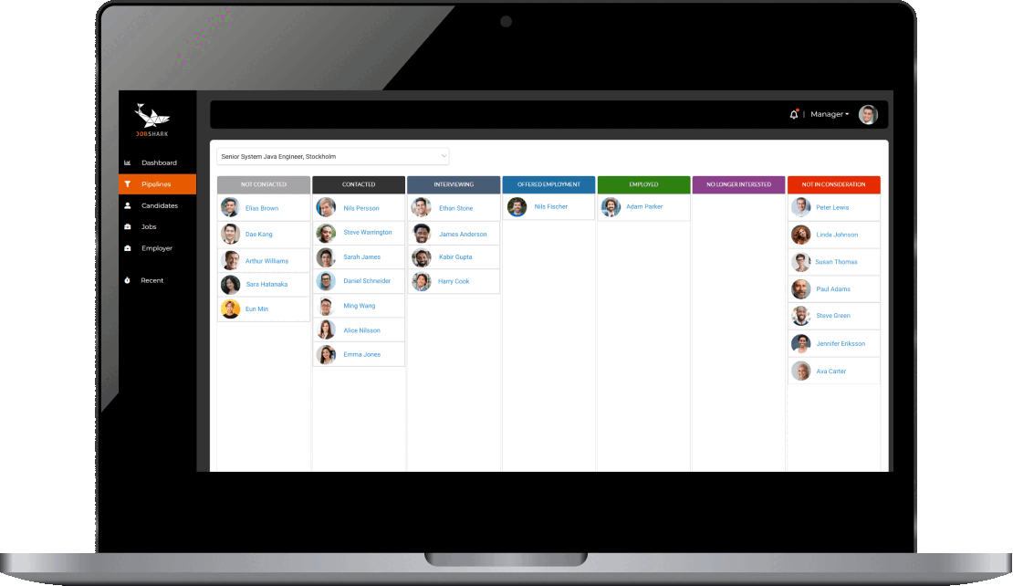 Jobshark platform dashboard showing candidate pipeline and profile avatars